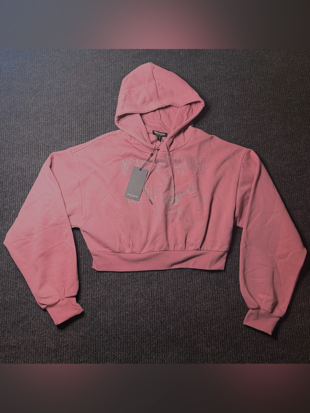 NWT True Religion Crystal Cropped Hoodie Nostalgia Rose Pink L
